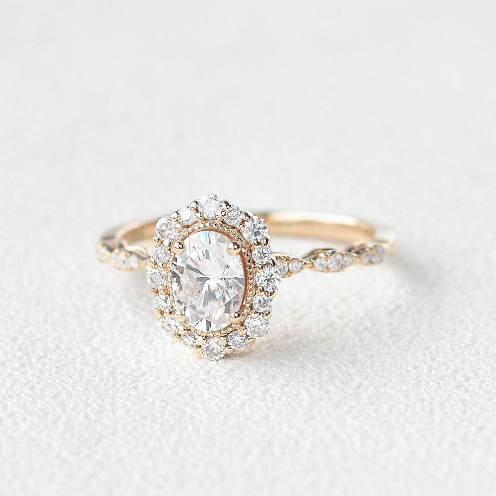 0.94 CT Oval Cut Halo & Pave Moissanite Engagement Ring