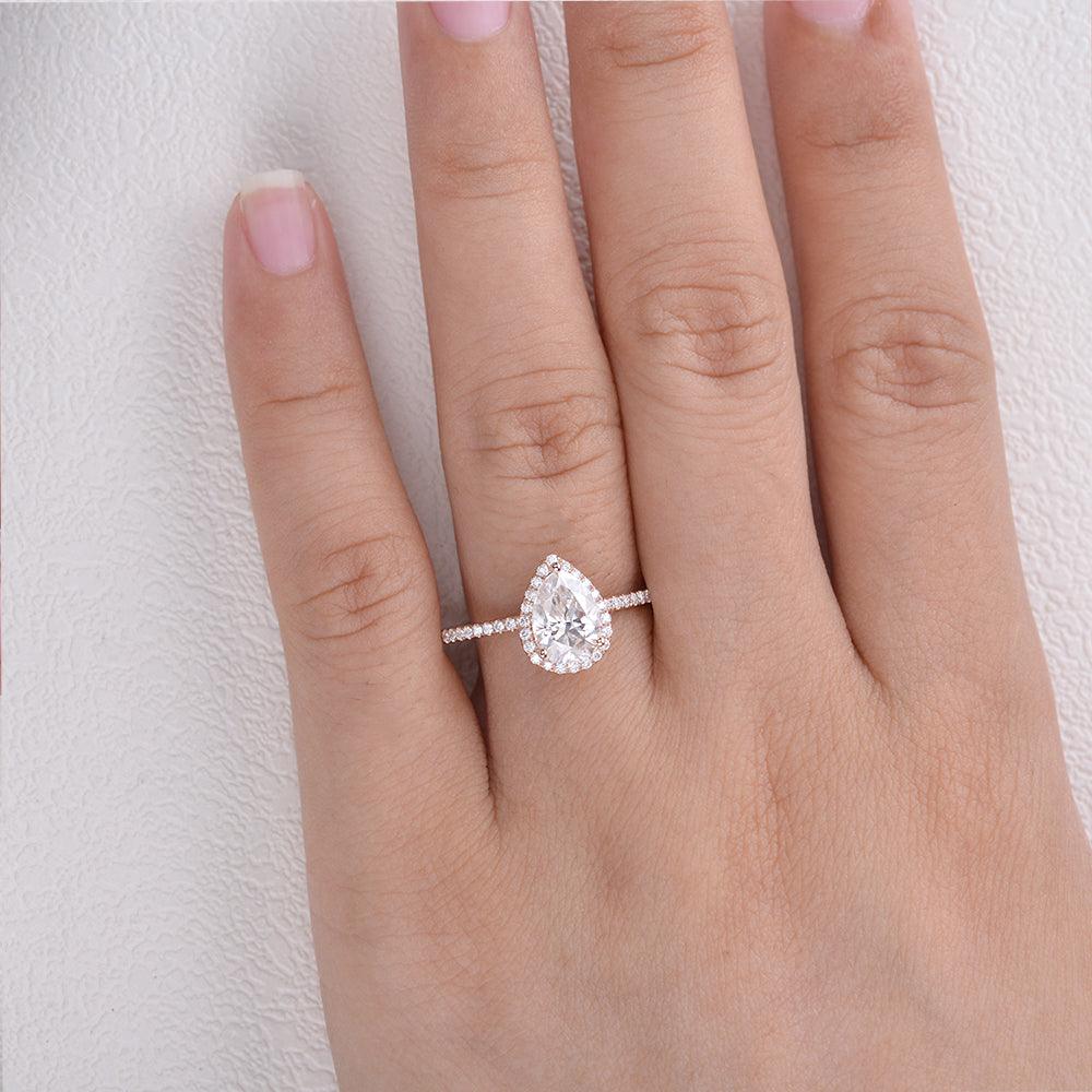 1.25 CT Pear Cut Halo Pave Moissanite Engagement Ring