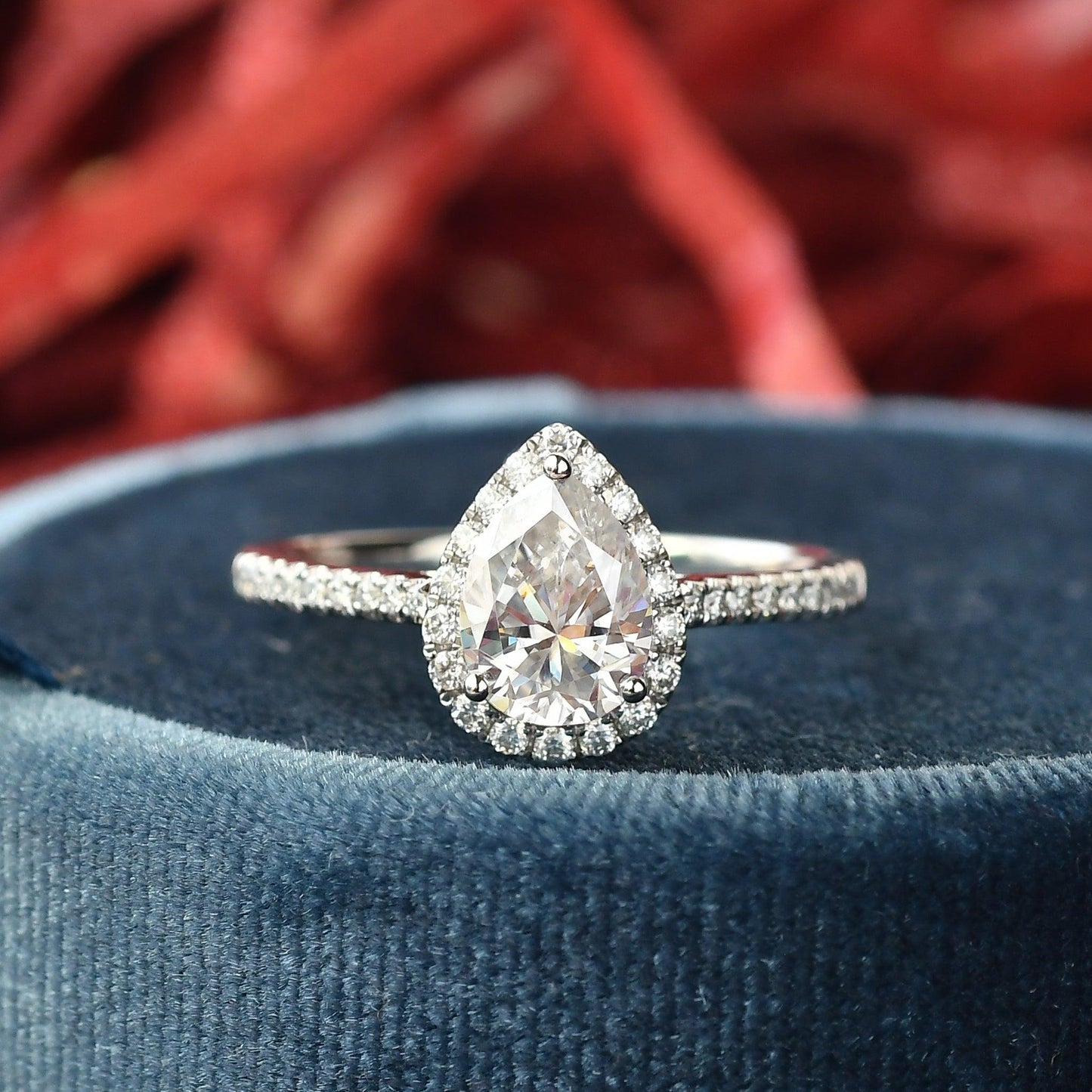 1.25 CT Pear Cut Halo Pave Moissanite Engagement Ring