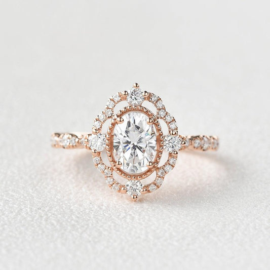 1.33 CT Oval Cut Art Deco Pave Moissanite Engagement Ring