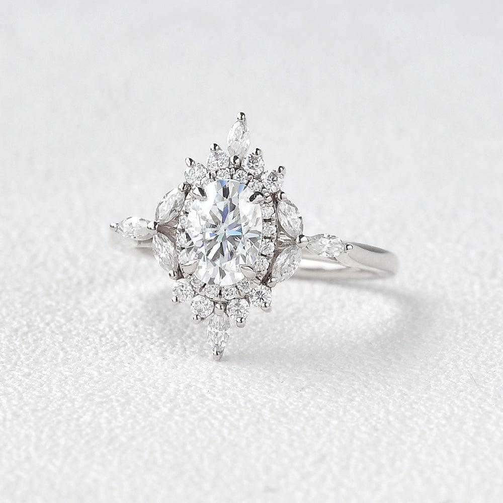 0.94 CT Oval Cut Cluster Vintage Moissanite Engagement Ring