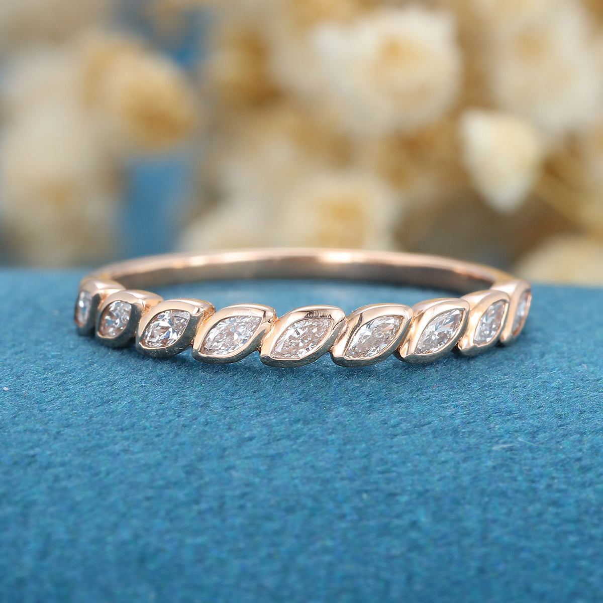 1.20 CT Marquise Shaped Moissanite Bezel Half Eternity Wedding Band
