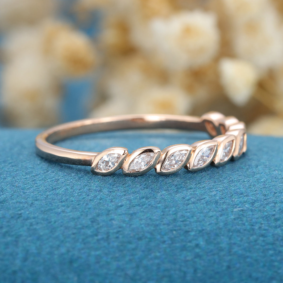 1.20 CT Marquise Shaped Moissanite Bezel Half Eternity Wedding Band