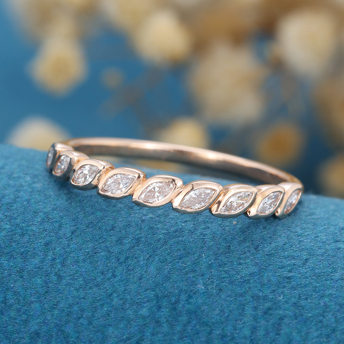 1.20 CT Marquise Shaped Moissanite Bezel Half Eternity Wedding Band