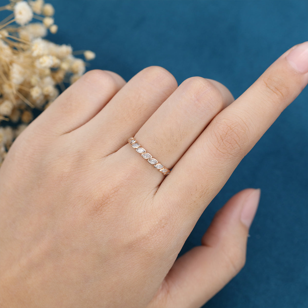1.20 CT Marquise Shaped Moissanite Bezel Half Eternity Wedding Band