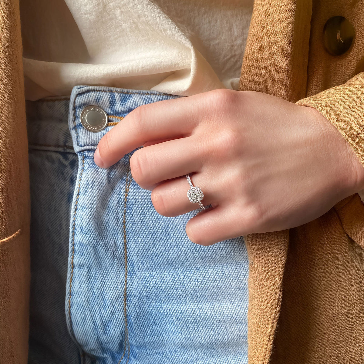0.50 CT Cushion Halo & Pave Moissanite Engagement Ring