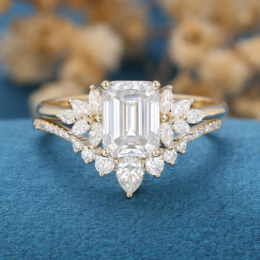 1.60 CT Emerald Shaped Moissanite Cluster Bridal Set