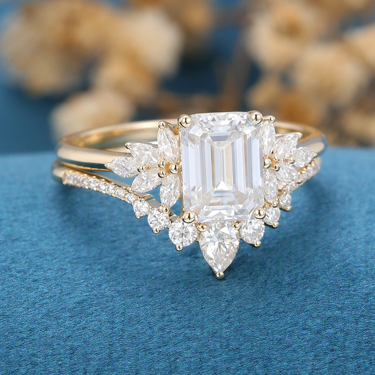 1.60 CT Emerald Shaped Moissanite Cluster Bridal Set