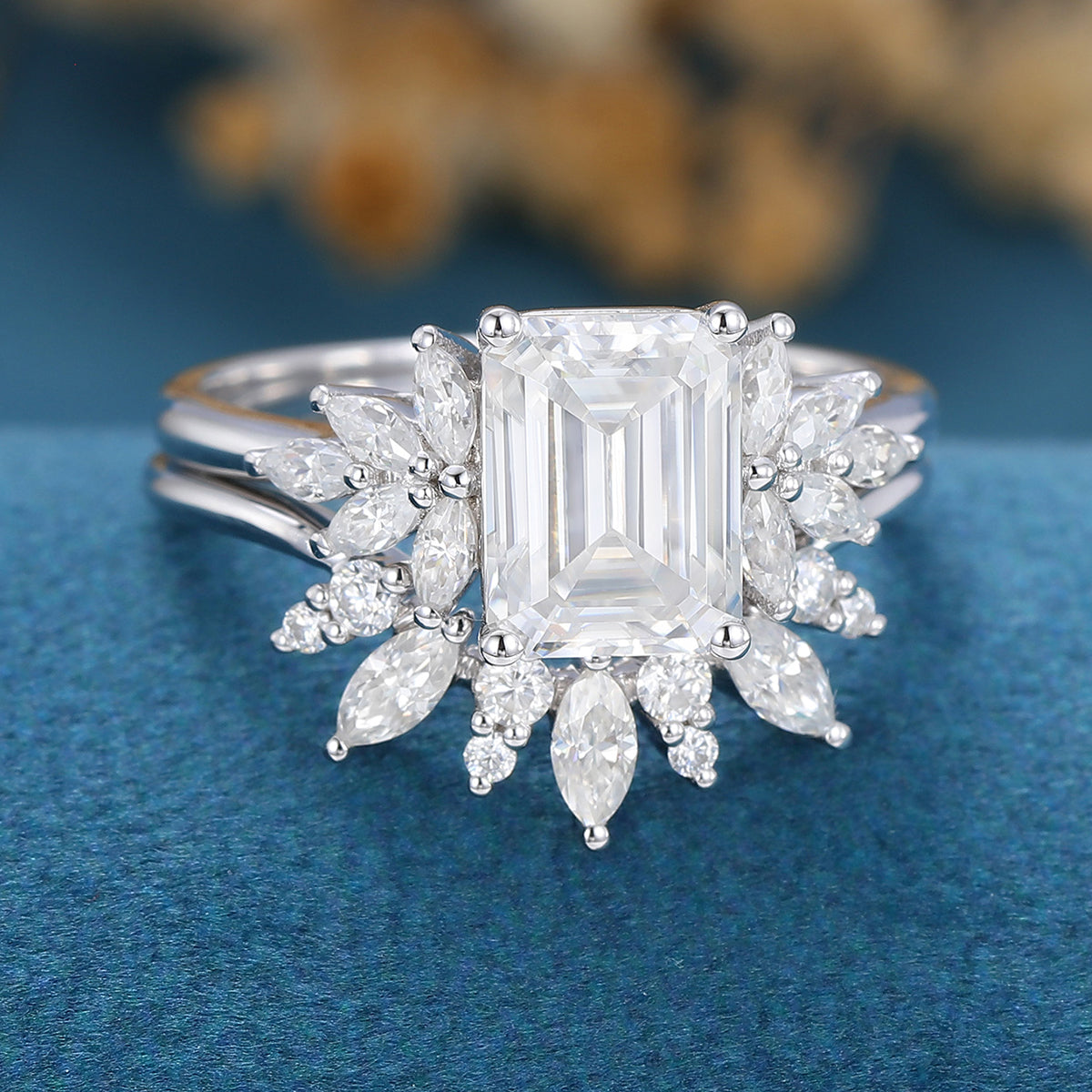 1.60 CT Emerald Shaped Moissanite Cluster Bridal Set