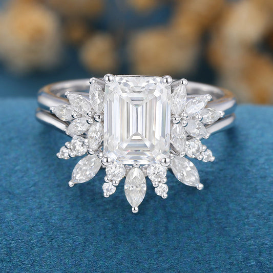 1.60 CT Emerald Shaped Moissanite Cluster Bridal Set