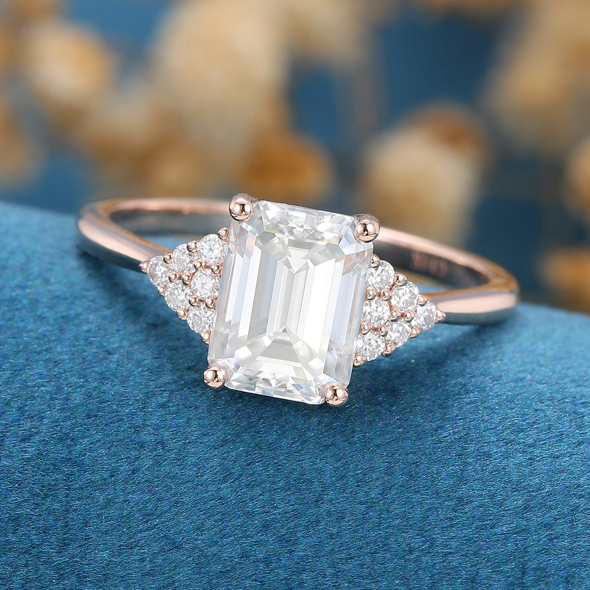 1.60 CT Emerald Shaped Moissanite Cluster Engagement Ring