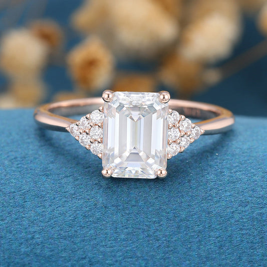 1.60 CT Emerald Shaped Moissanite Cluster Engagement Ring
