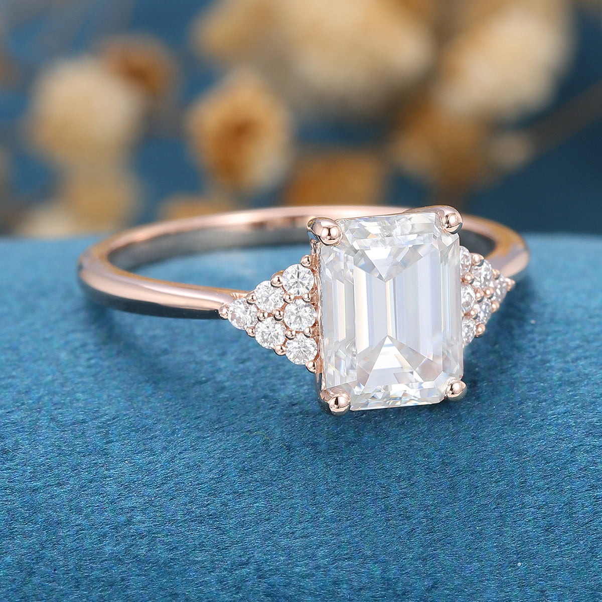 1.60 CT Emerald Shaped Moissanite Cluster Engagement Ring