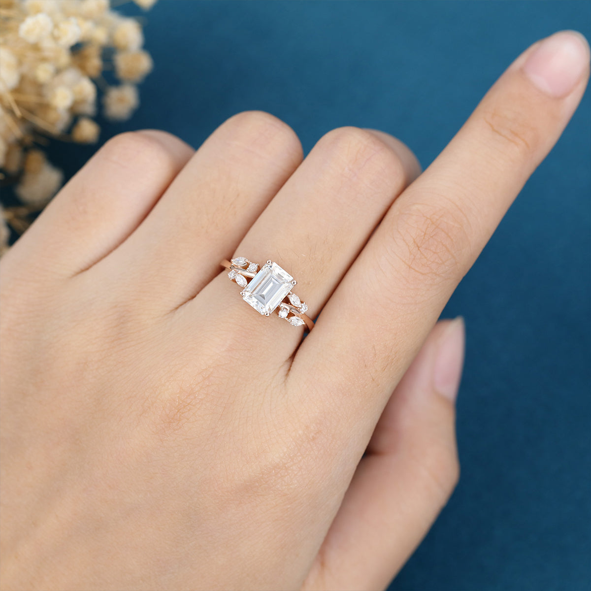 1.60 CT Emerald Shaped Moissanite Cluster Engagement Ring
