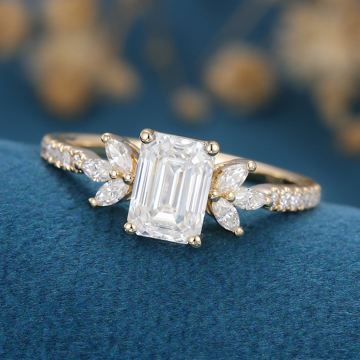 0.92 CT Emerald Shaped Moissanite Cluster Engagement Ring
