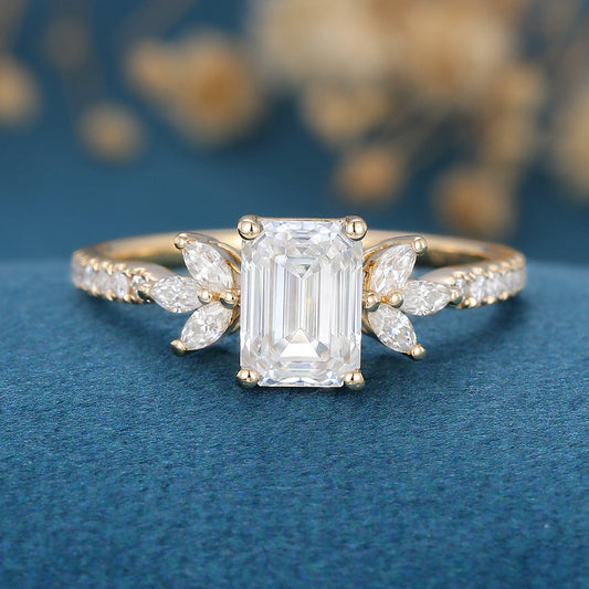 0.92 CT Emerald Shaped Moissanite Cluster Engagement Ring