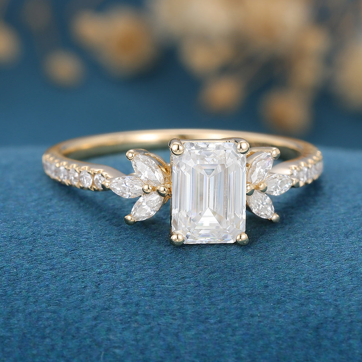 0.92 CT Emerald Shaped Moissanite Cluster Engagement Ring