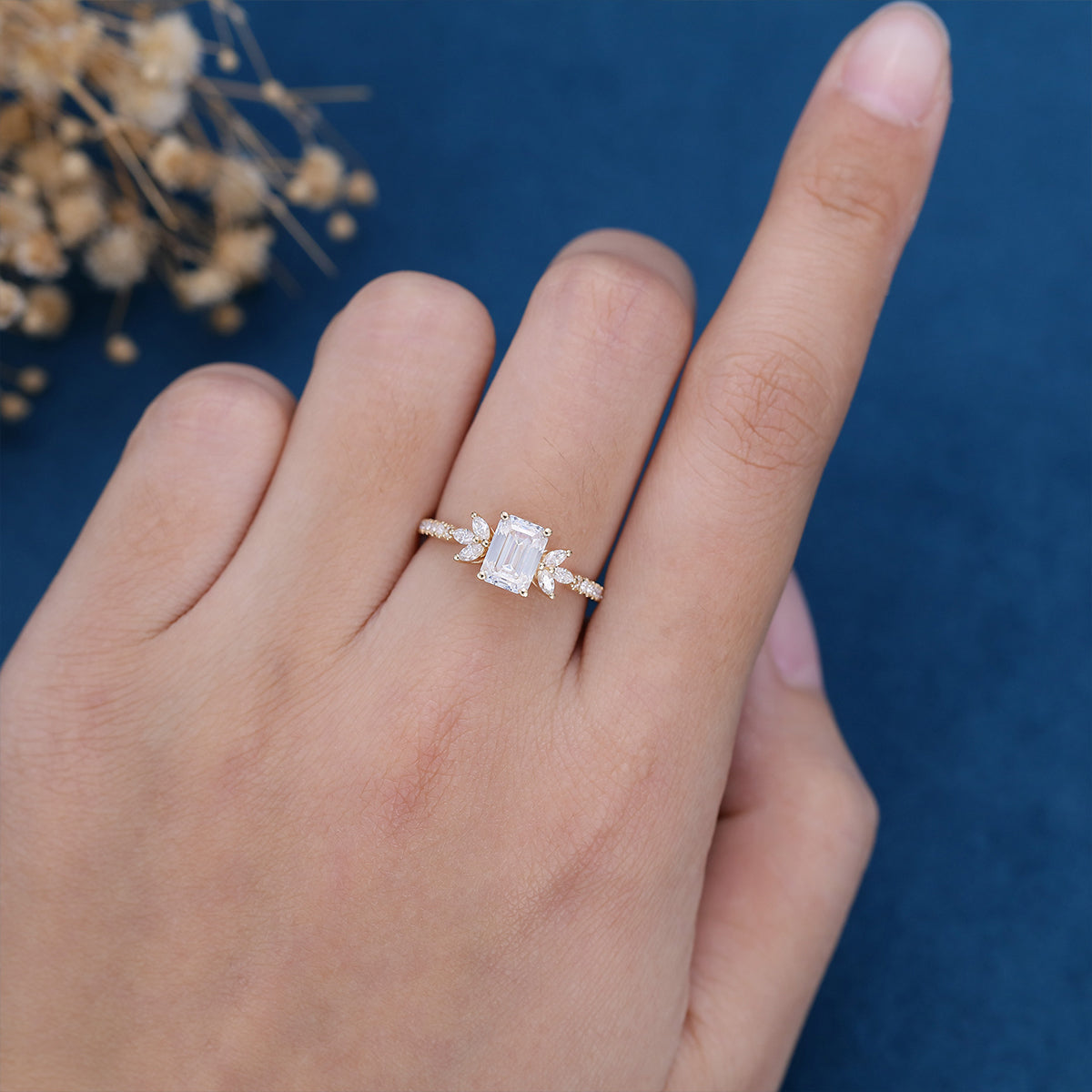 0.92 CT Emerald Shaped Moissanite Cluster Engagement Ring