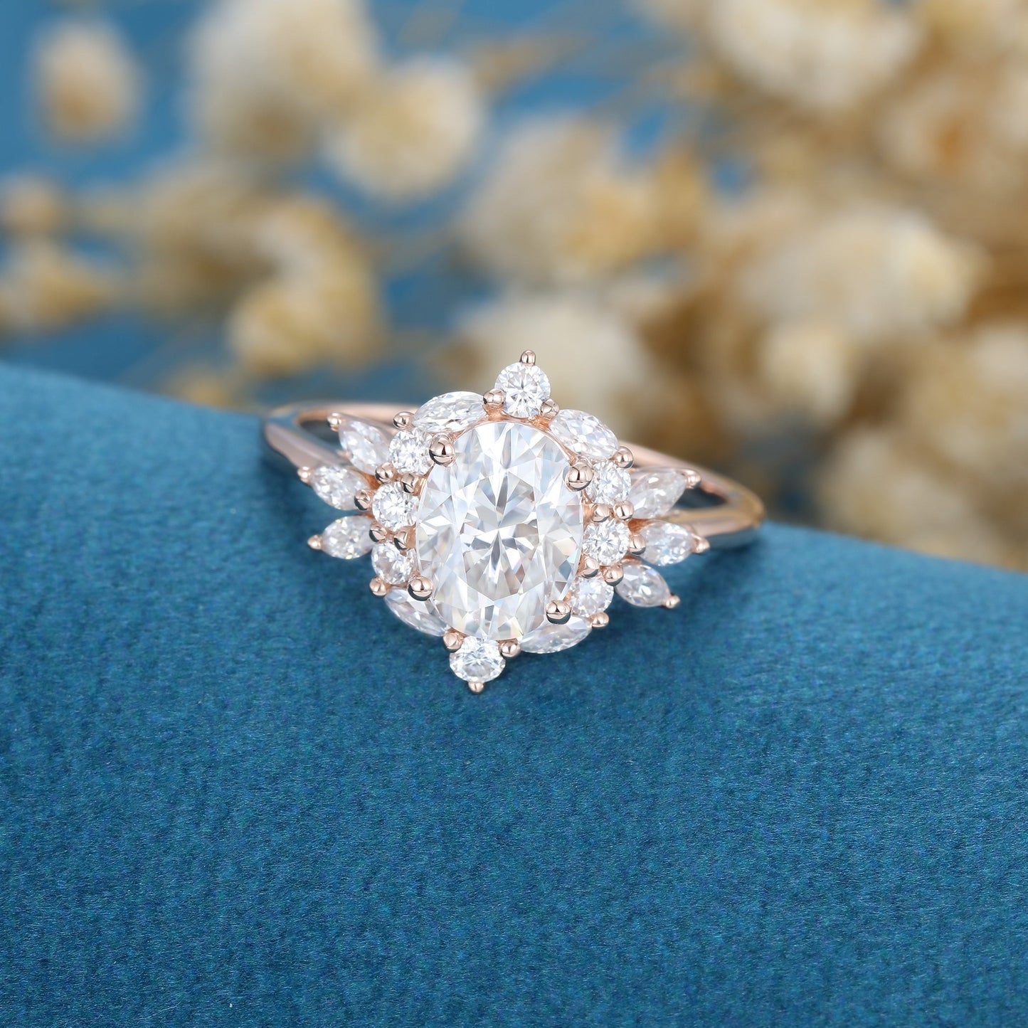 1.33 CT Oval Shaped Moissanite Cluster Engagement Ring