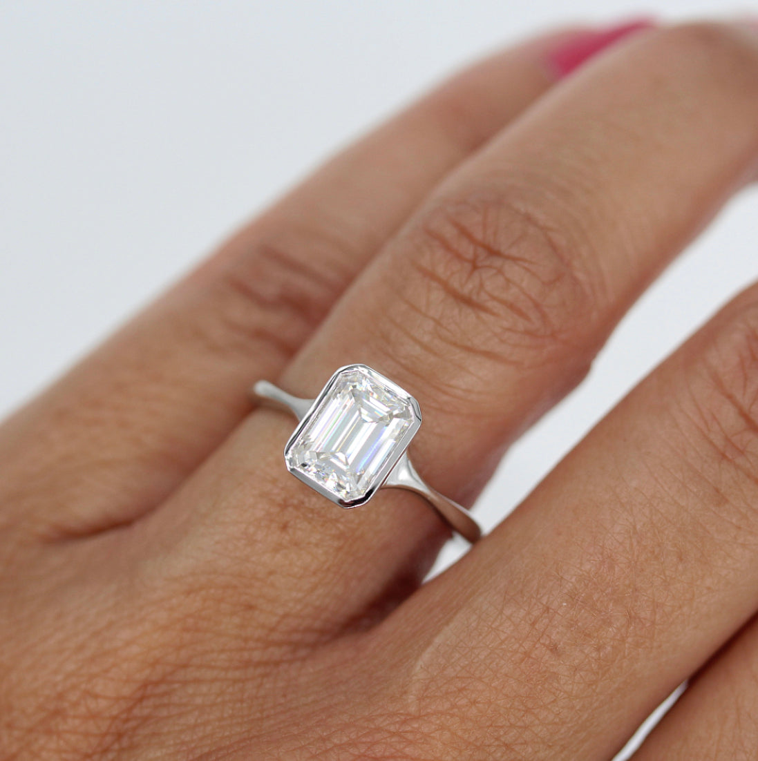 1.55 CT Emerald Cut Bezel Solitaire Moissanite Engagement Ring