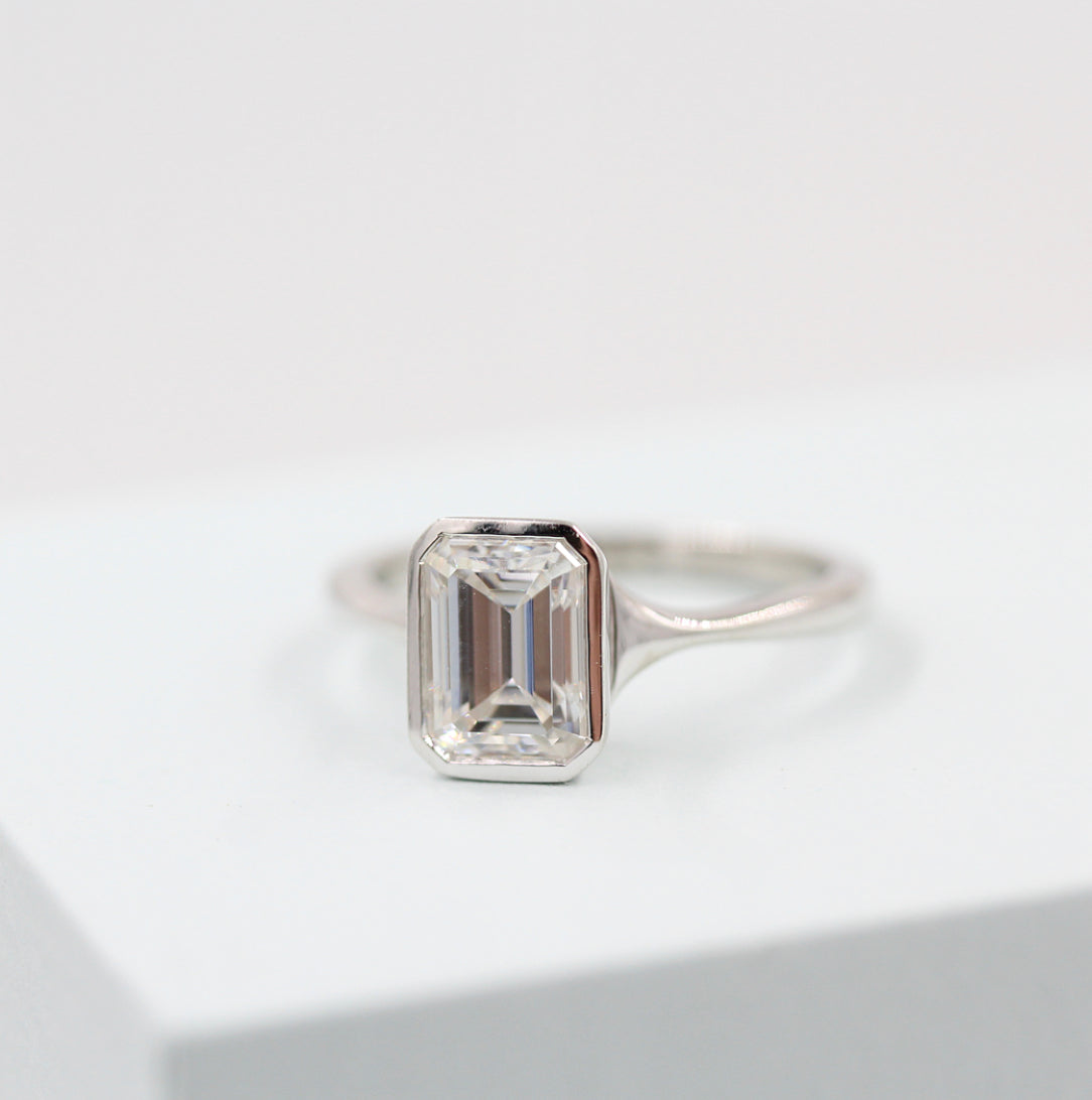 1.55 CT Emerald Cut Bezel Solitaire Moissanite Engagement Ring