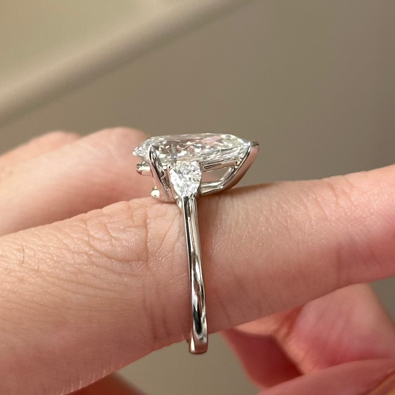 3.07 CT Pear Three Stone Moissanite Engagement Ring