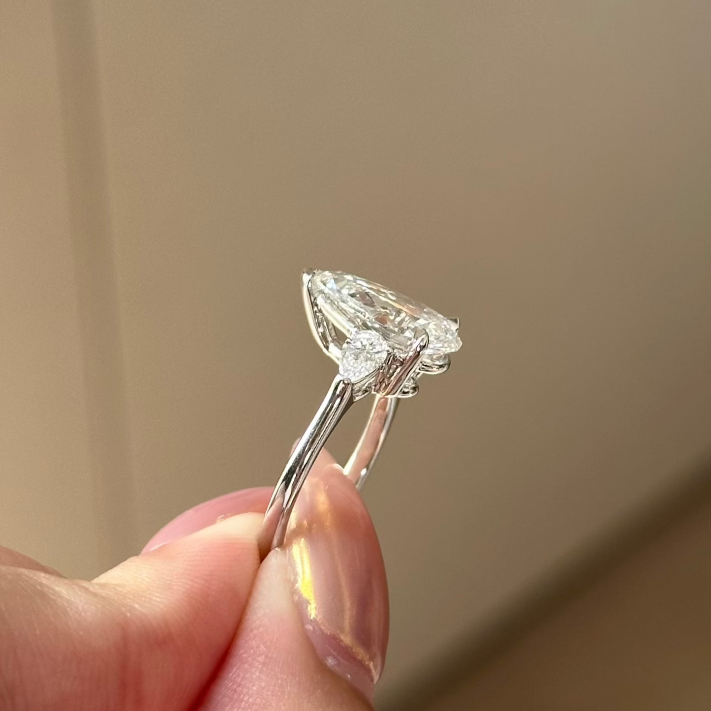 3.07 CT Pear Three Stone Moissanite Engagement Ring