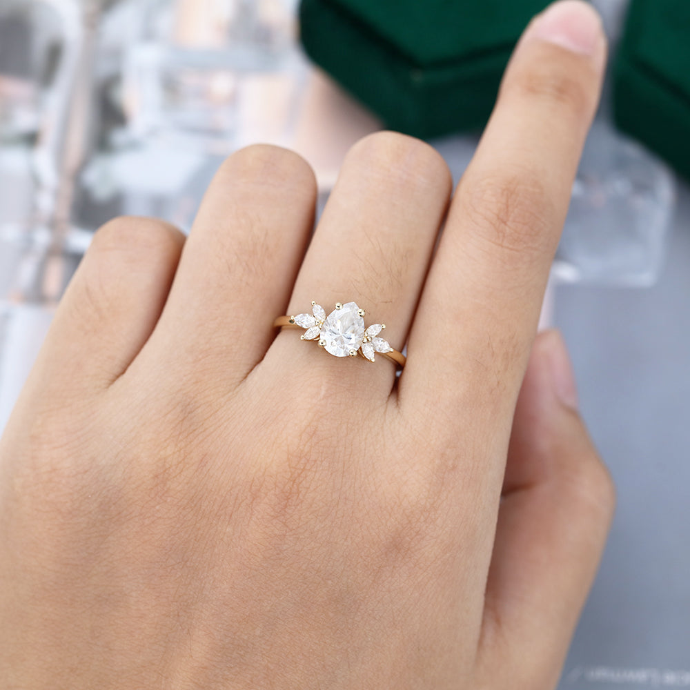 1.0 CT Pear Shaped Moissanite Cluster Engagement Ring