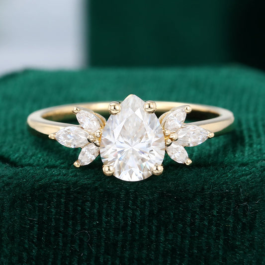 1.0 CT Pear Shaped Moissanite Cluster Engagement Ring