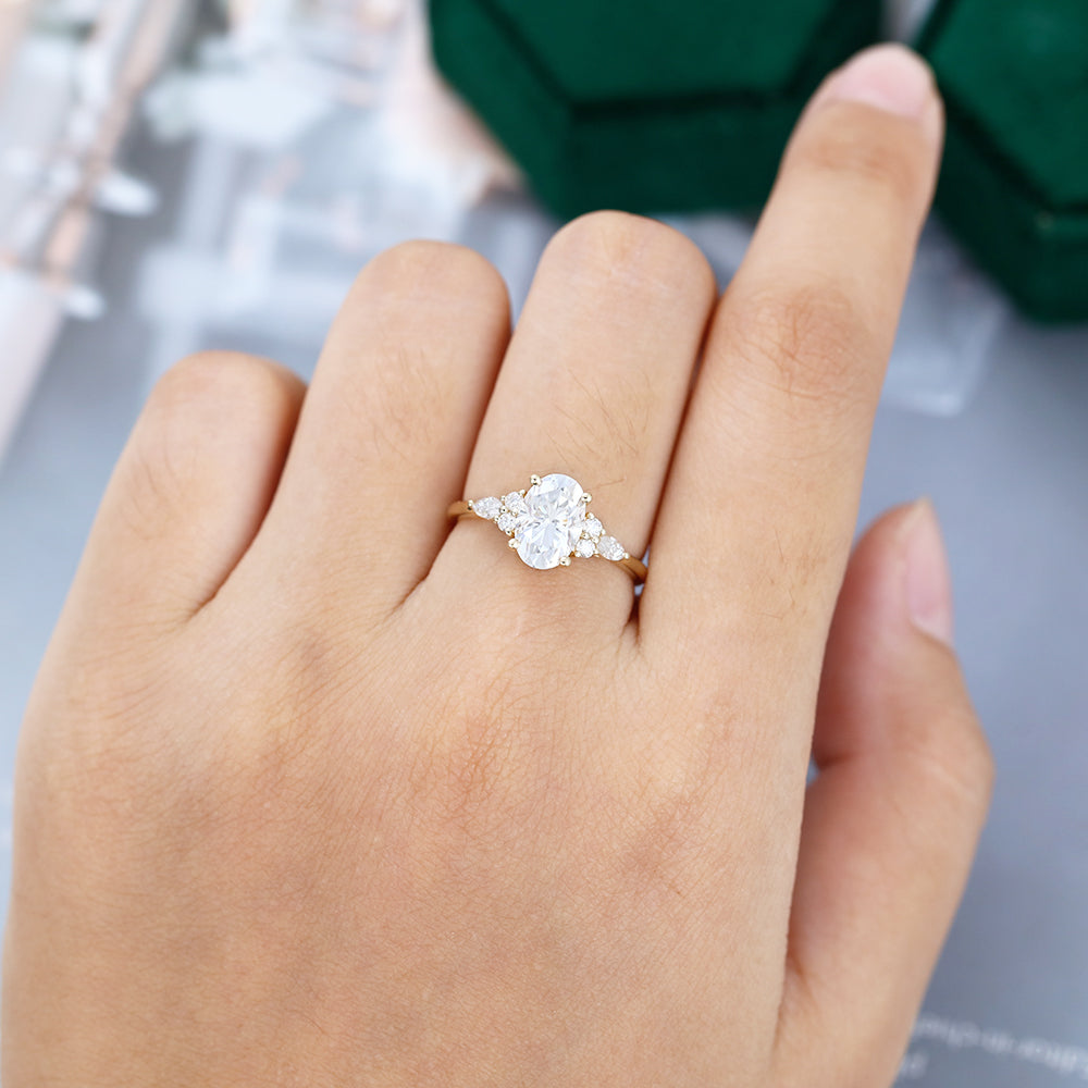 1.50 CT Oval Shaped Moissanite Cluster Engagement Ring