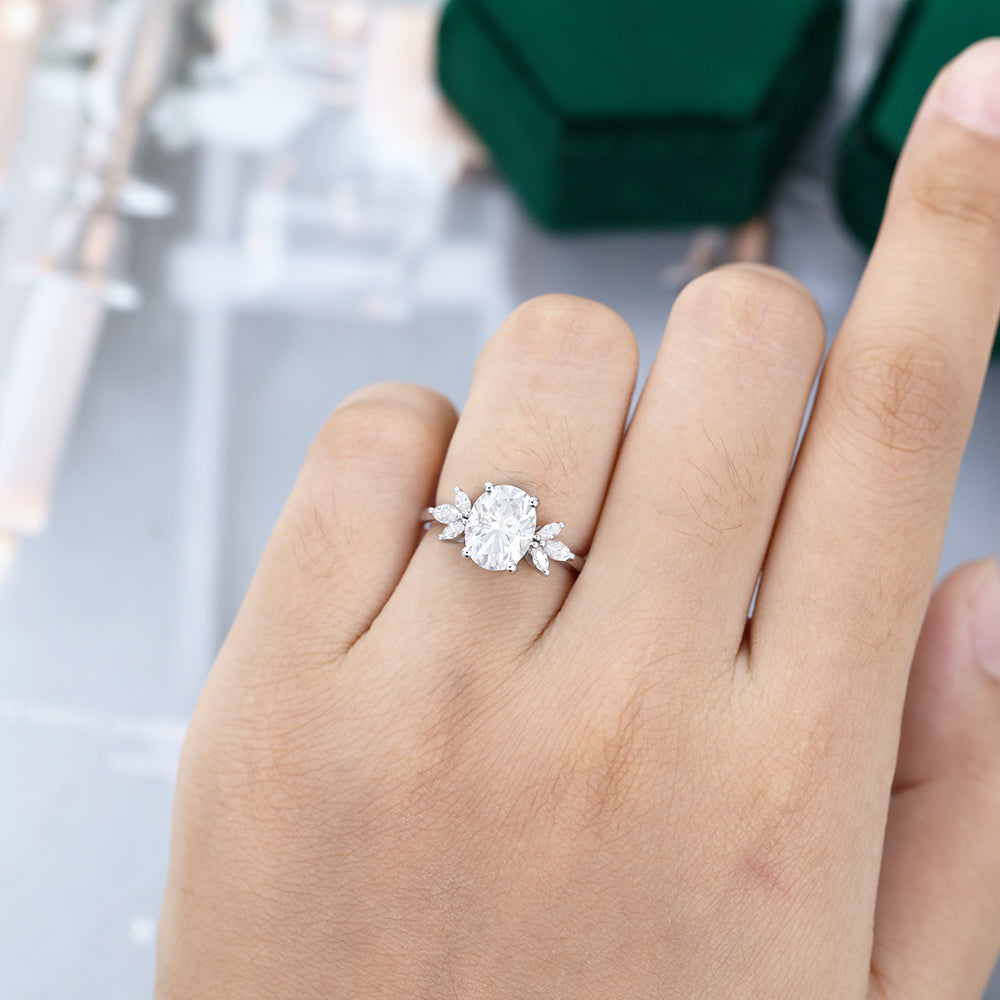 1.91 CT Oval Shaped Moissanite Cluster Engagement Ring
