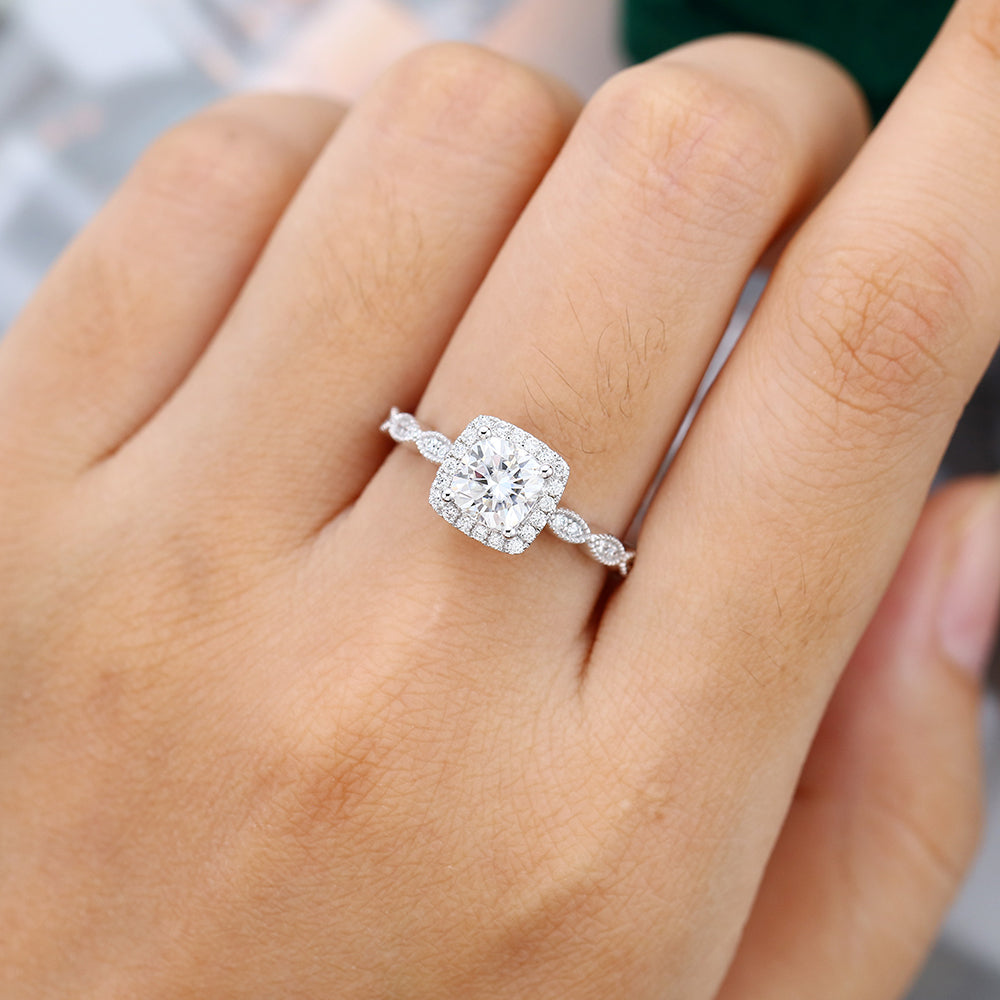 0.96 CT Cushion Shaped Moissanite Halo Engagement Ring