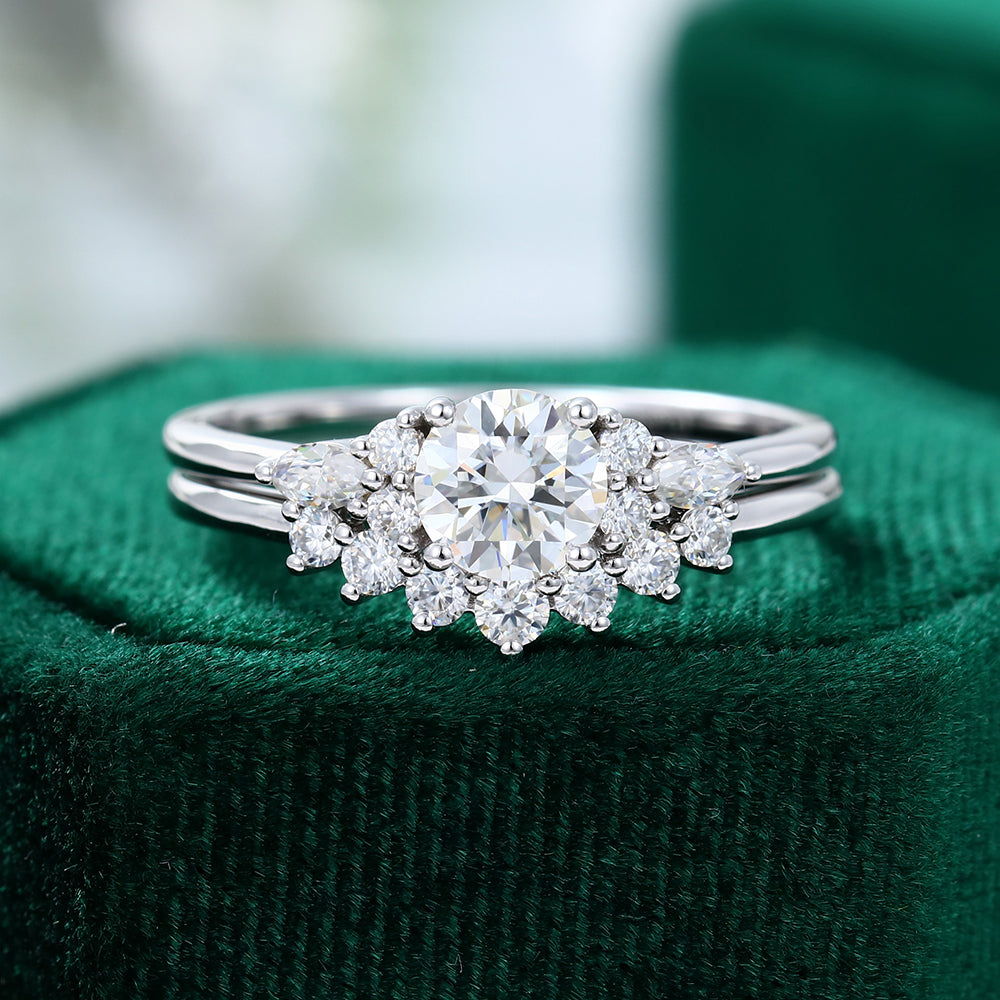 0.88 CT Round Moissanite Cluster Bridal Ring Set