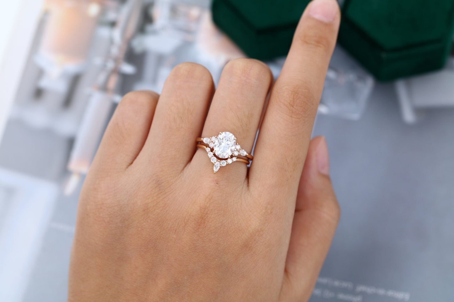 1.91 CT Oval Moissanite Cluster Bridal Ring Set