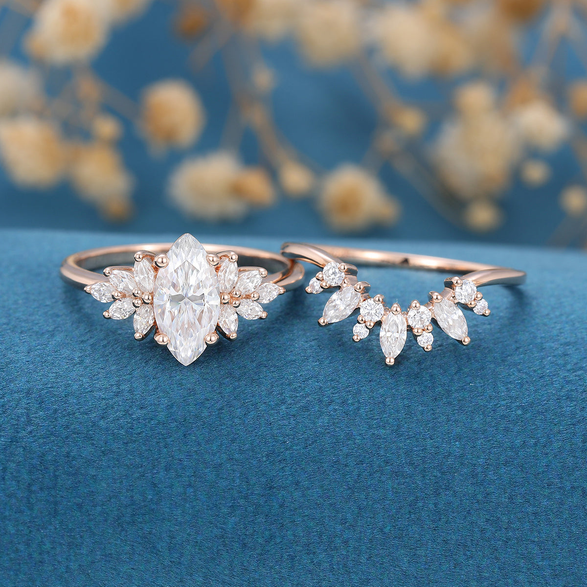 0.90 CT Marquise Shaped Moissanite Cluster Bridal Set