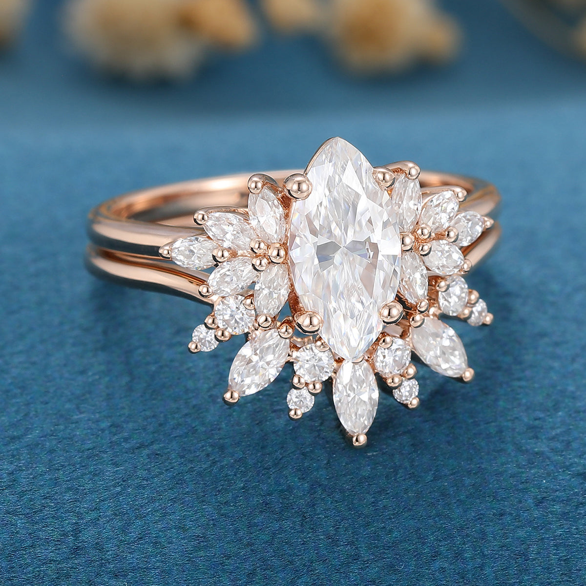 0.90 CT Marquise Shaped Moissanite Cluster Bridal Set