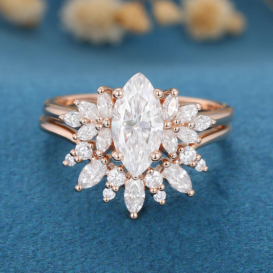 0.90 CT Marquise Shaped Moissanite Cluster Bridal Set