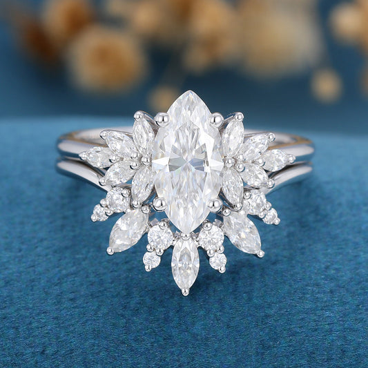 0.90 CT Marquise Shaped Moissanite Cluster Bridal Set