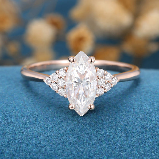 0.90 CT Marquise Shaped Moissanite Cluster Engagement Ring