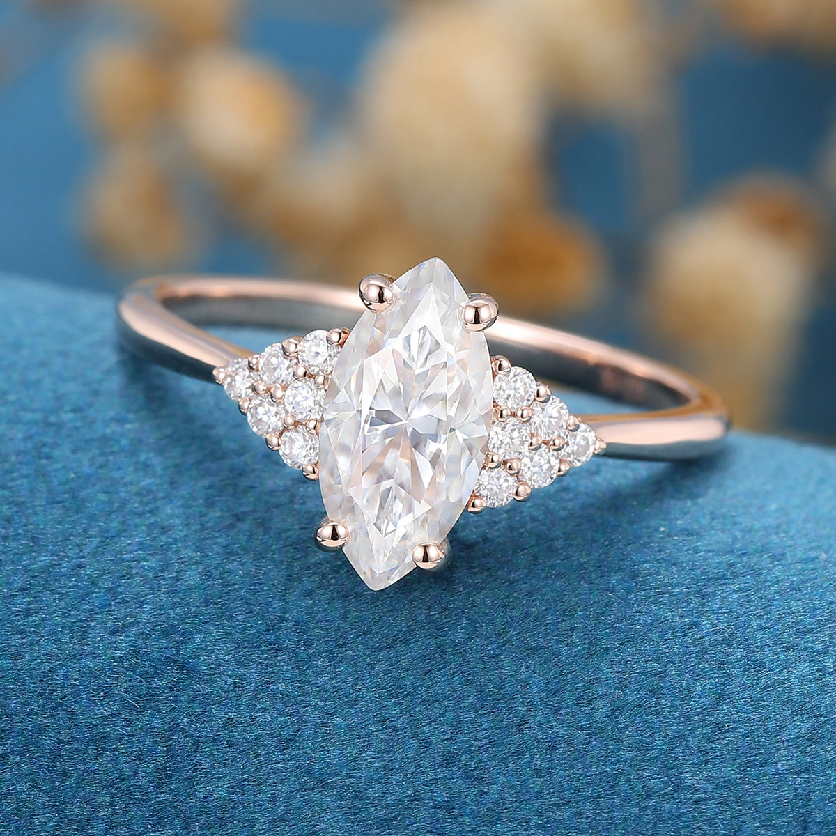 0.90 CT Marquise Shaped Moissanite Cluster Engagement Ring