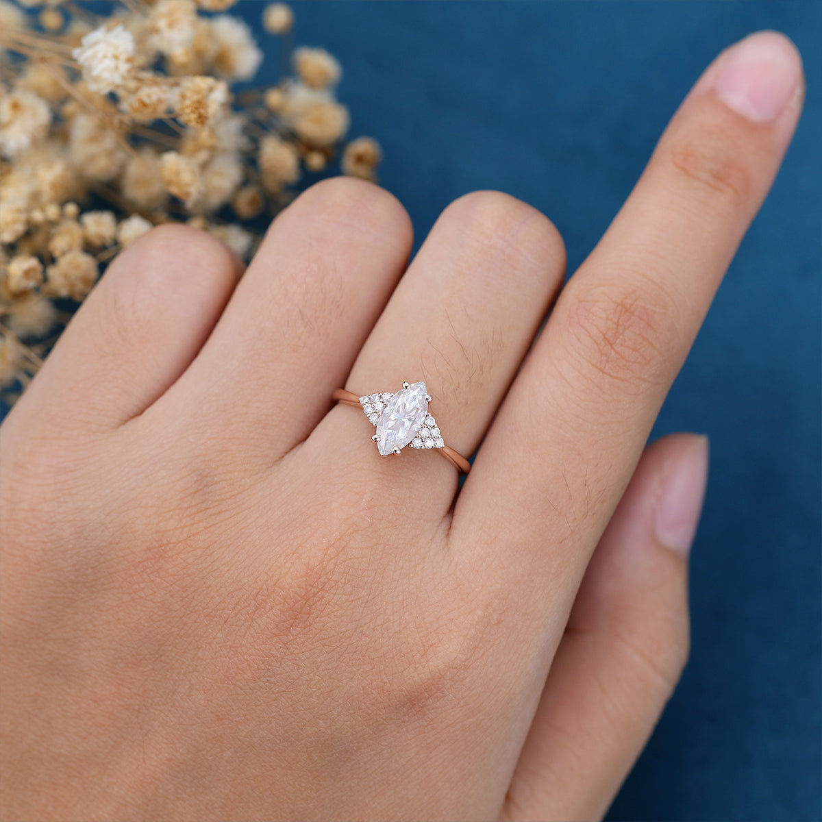 0.90 CT Marquise Shaped Moissanite Cluster Engagement Ring