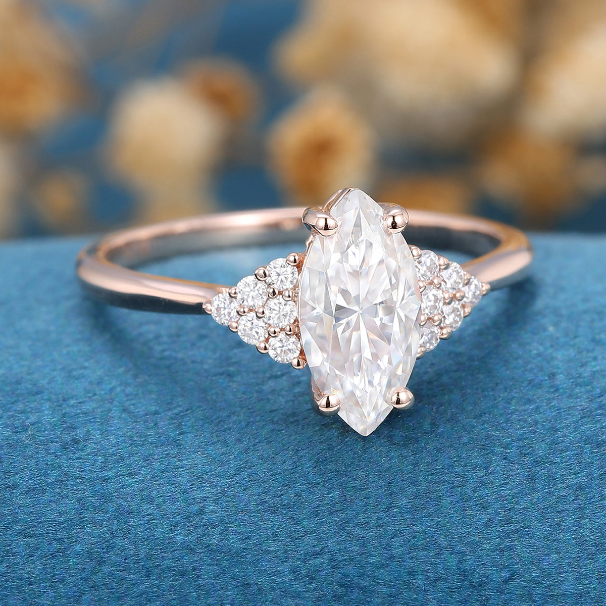 0.90 CT Marquise Shaped Moissanite Cluster Engagement Ring