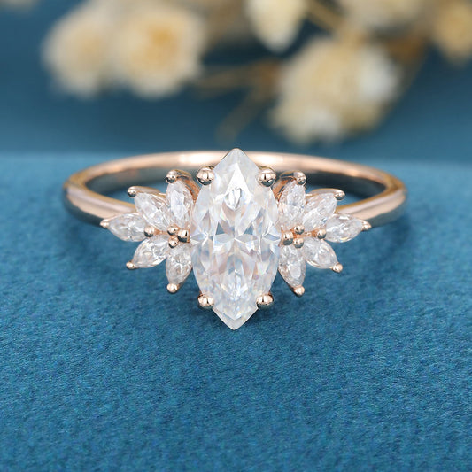 0.90 CT Marquise Shaped Moissanite Cluster Engagement Ring
