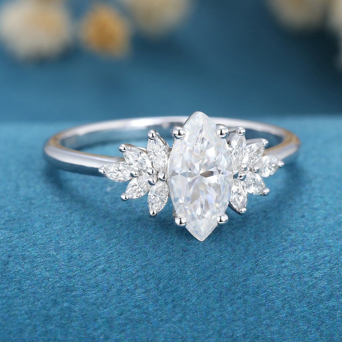 0.90 CT Marquise Shaped Moissanite Cluster Engagement Ring