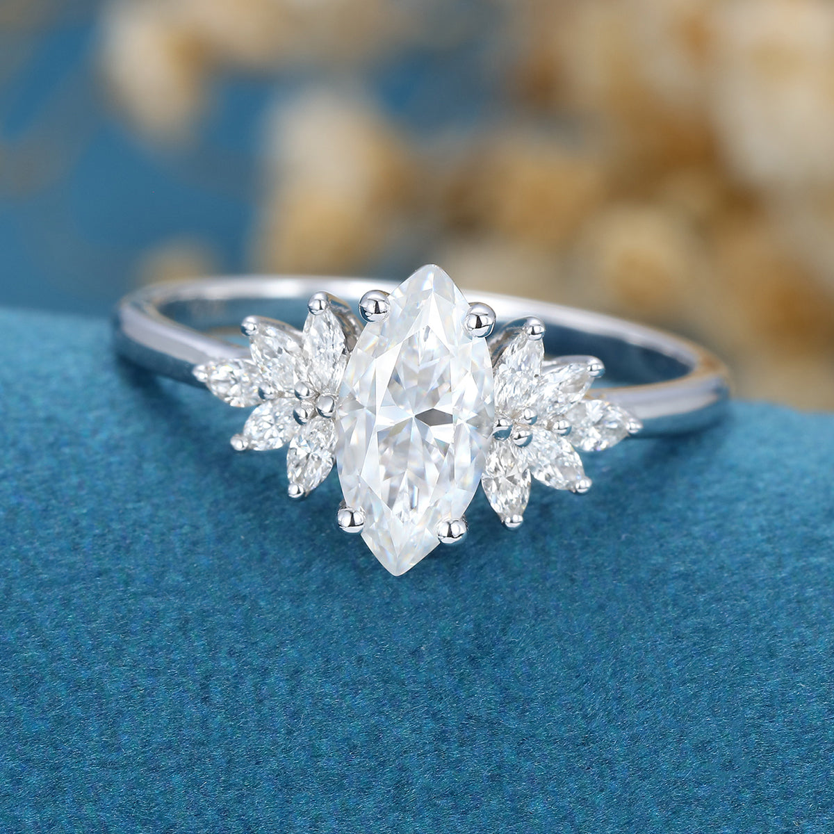 0.90 CT Marquise Shaped Moissanite Cluster Engagement Ring