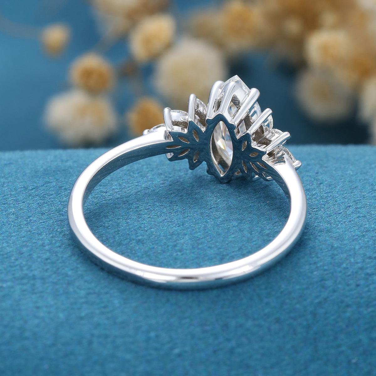0.90 CT Marquise Shaped Moissanite Cluster Engagement Ring