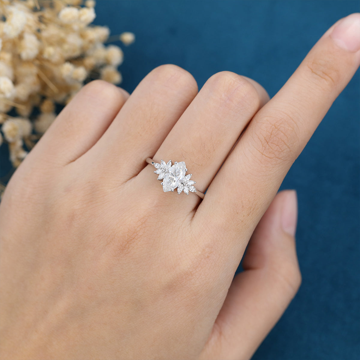 0.90 CT Marquise Shaped Moissanite Cluster Engagement Ring