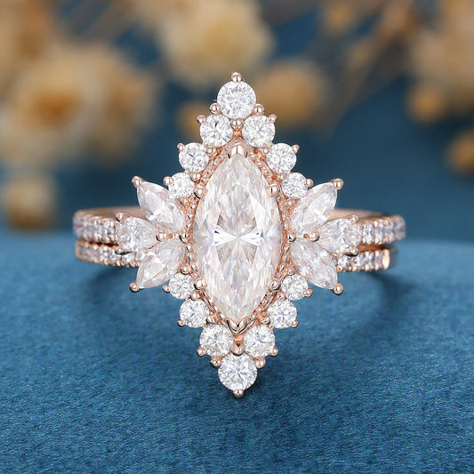 0.90 CT Marquise Shaped Moissanite Cluster Bridal Set
