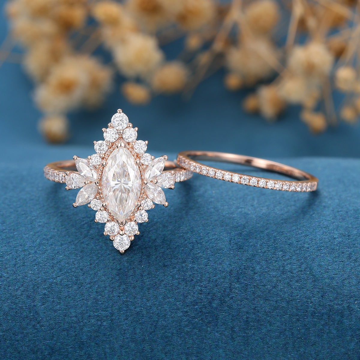 0.90 CT Marquise Shaped Moissanite Cluster Bridal Set