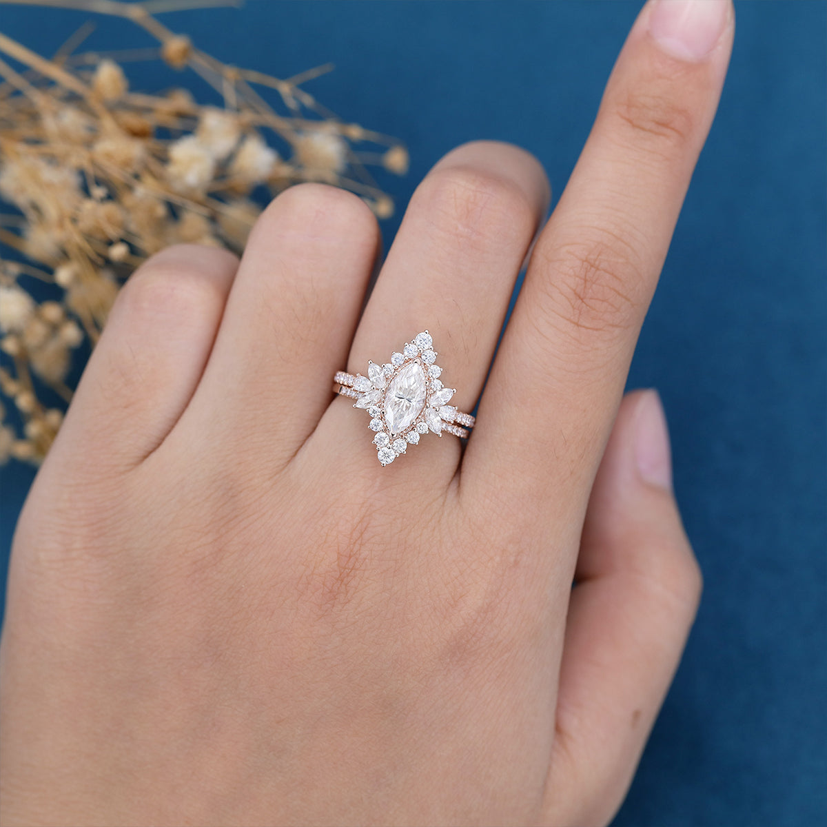 0.90 CT Marquise Shaped Moissanite Cluster Bridal Set
